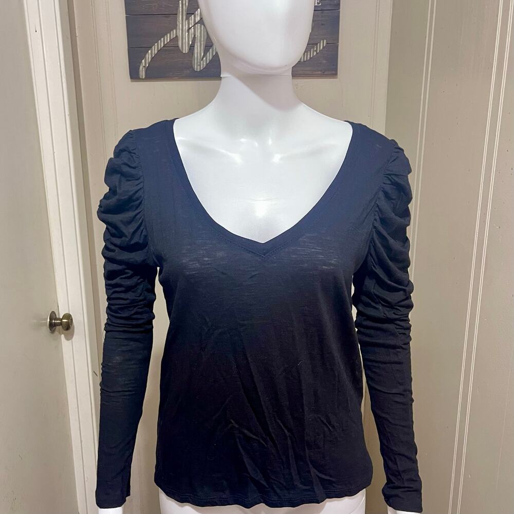 A.L.C. Karlie Puff Sleeve 🖤 V-Neck Top Knit Tee Blouse Blk